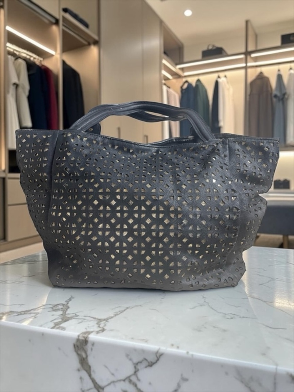 Big Buddha Black Cutout Tote Bag Laser Perforated Faux Leather